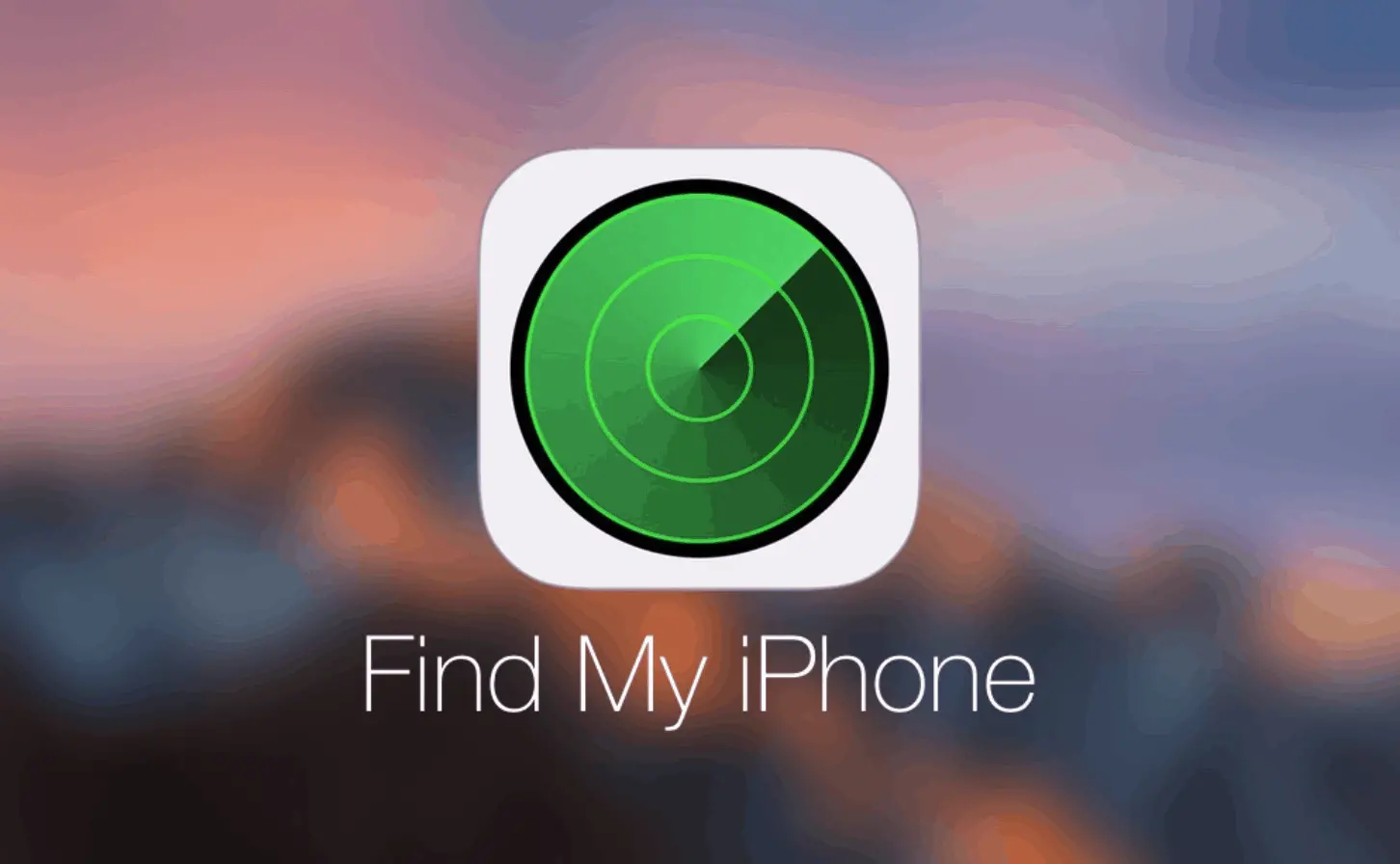 Find My iPhone app logo on a blurred sunset background, representing Apple’s tool for locating lost devices.