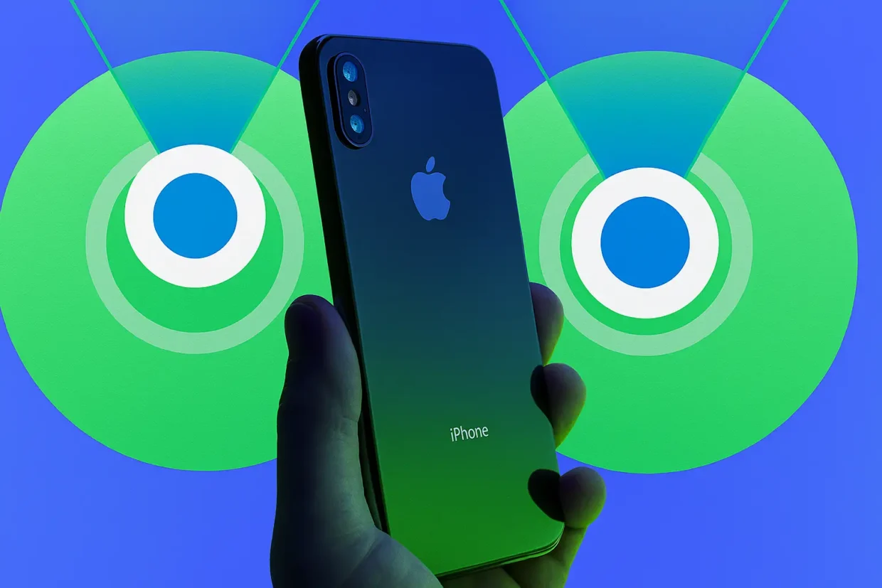 Person holding an iPhone with the Find My app background, symbolizing iPhone tracking and location services even when the device is turned off.