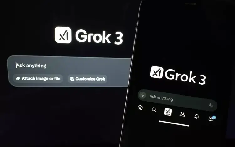 Grok 3 AI interface displayed on a smartphone and a monitor, showing the 'Ask anything' prompt on both screens.