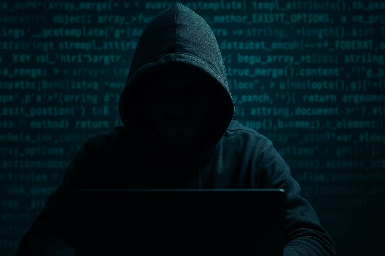 A hooded figure sits at a laptop in a dark room, their face hidden in shadow, with glowing green computer code filling the background, evoking the atmosphere of a hacker or cybercriminal.