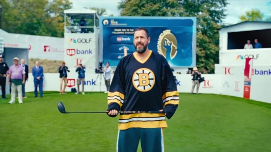 Adam Sandler as Happy Gilmore, standing confidently on a golf course in a Boston Bruins jersey, ready to swing, surrounded by cameras and spectators at a tournament.