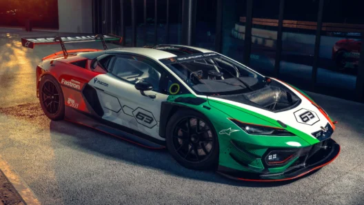 Lamborghini Temerario GT3 with carbon bodywork, large rear wing, and Italian tricolor livery, ready for track debut in sunset lighting.