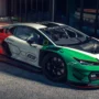 Lamborghini Temerario GT3 with carbon bodywork, large rear wing, and Italian tricolor livery, ready for track debut in sunset lighting.