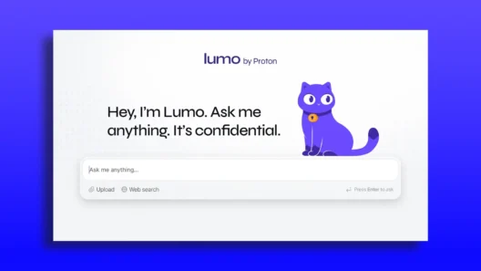 Promotional graphic for Lumo by Proton, showing its purple cat mascot and the AI chat interface on a tablet, highlighting its private and safeguarded features.