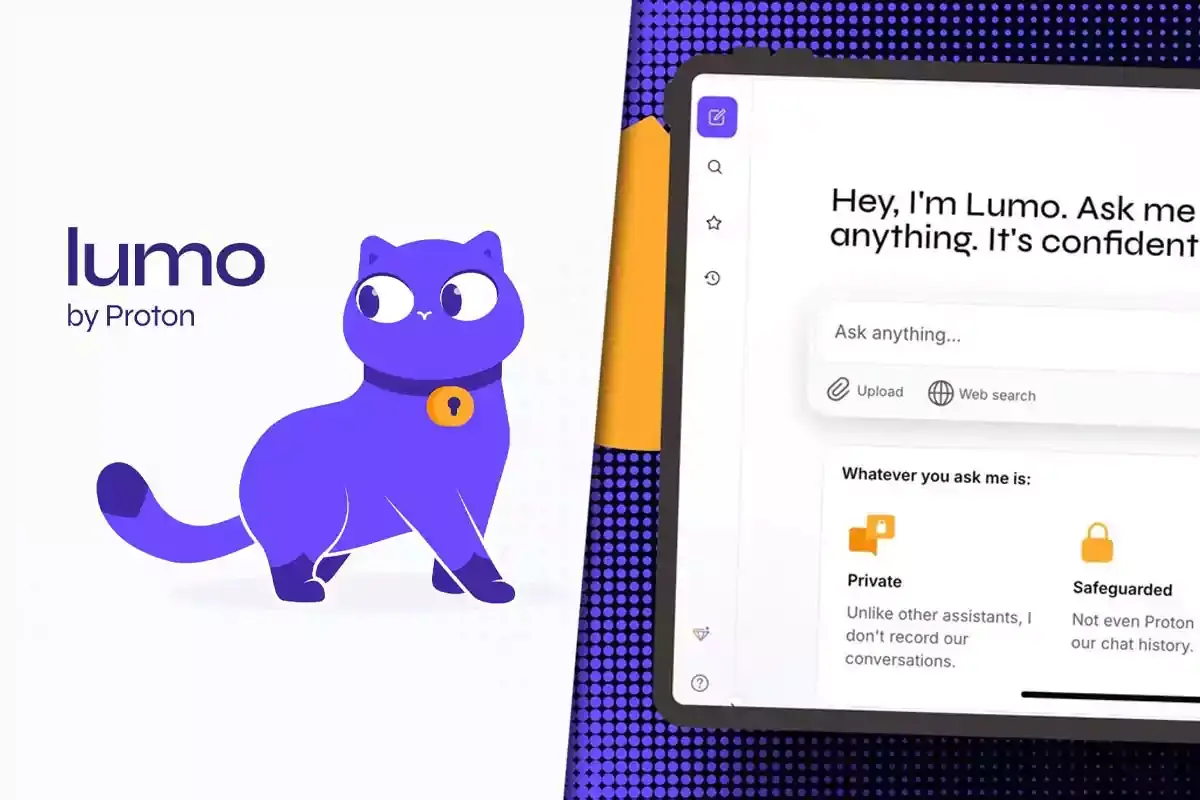 The clean web interface for Lumo by Proton, the confidential AI assistant, featuring the welcome message, the purple cat mascot, and the text input bar.