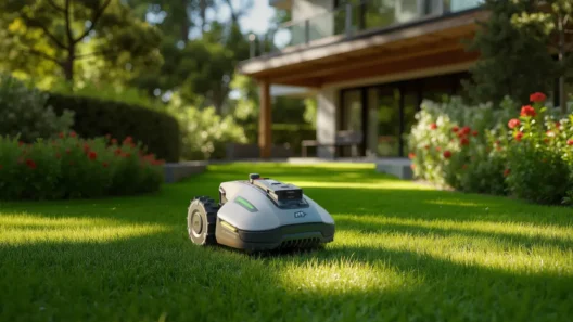 Mammotion YUKA robot lawn mower cutting grass in a modern backyard with a house and flower beds in the background.