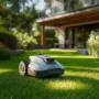 Mammotion YUKA robot lawn mower cutting grass in a modern backyard with a house and flower beds in the background.