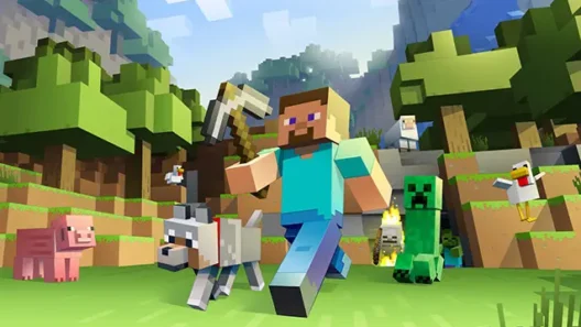 Steve running with a wolf and animals in Minecraft, chased by a creeper, surrounded by trees and mountains, classic pixel art style.