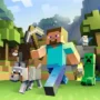 Steve running with a wolf and animals in Minecraft, chased by a creeper, surrounded by trees and mountains, classic pixel art style.