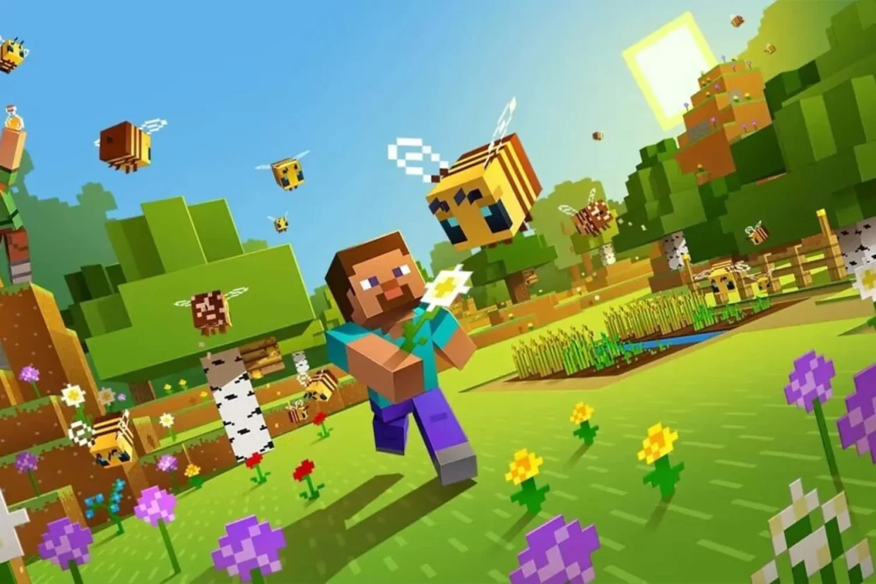 Steve holding a flower and running through a colorful Minecraft field filled with bees, flowers, and trees on a sunny day. Alex and playful animals join in the bright, cheerful scene.