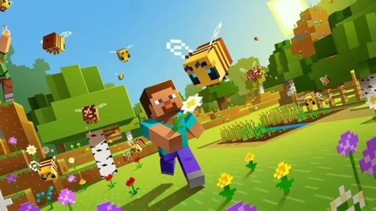 Steve holding a flower and running through a colorful Minecraft field filled with bees, flowers, and trees on a sunny day. Alex and playful animals join in the bright, cheerful scene.