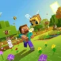 Steve holding a flower and running through a colorful Minecraft field filled with bees, flowers, and trees on a sunny day. Alex and playful animals join in the bright, cheerful scene.