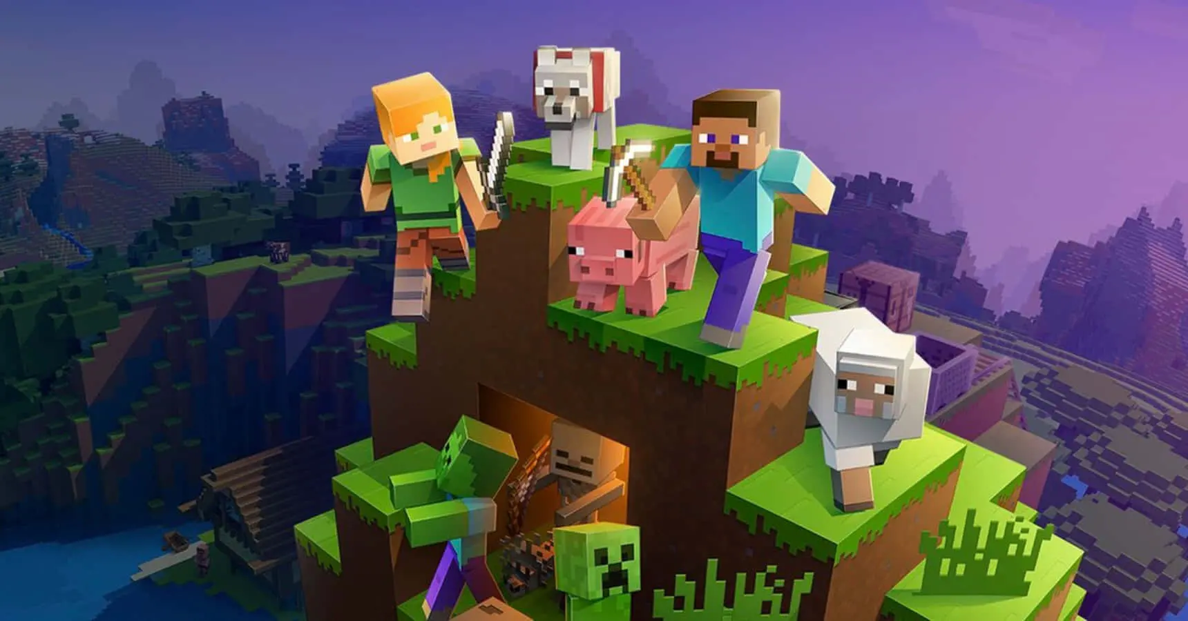 Group of Minecraft characters and animals on a grassy mountain, with Steve and Alex holding weapons, surrounded by sheep, pig, dog, and a dramatic sunset landscape in the background.