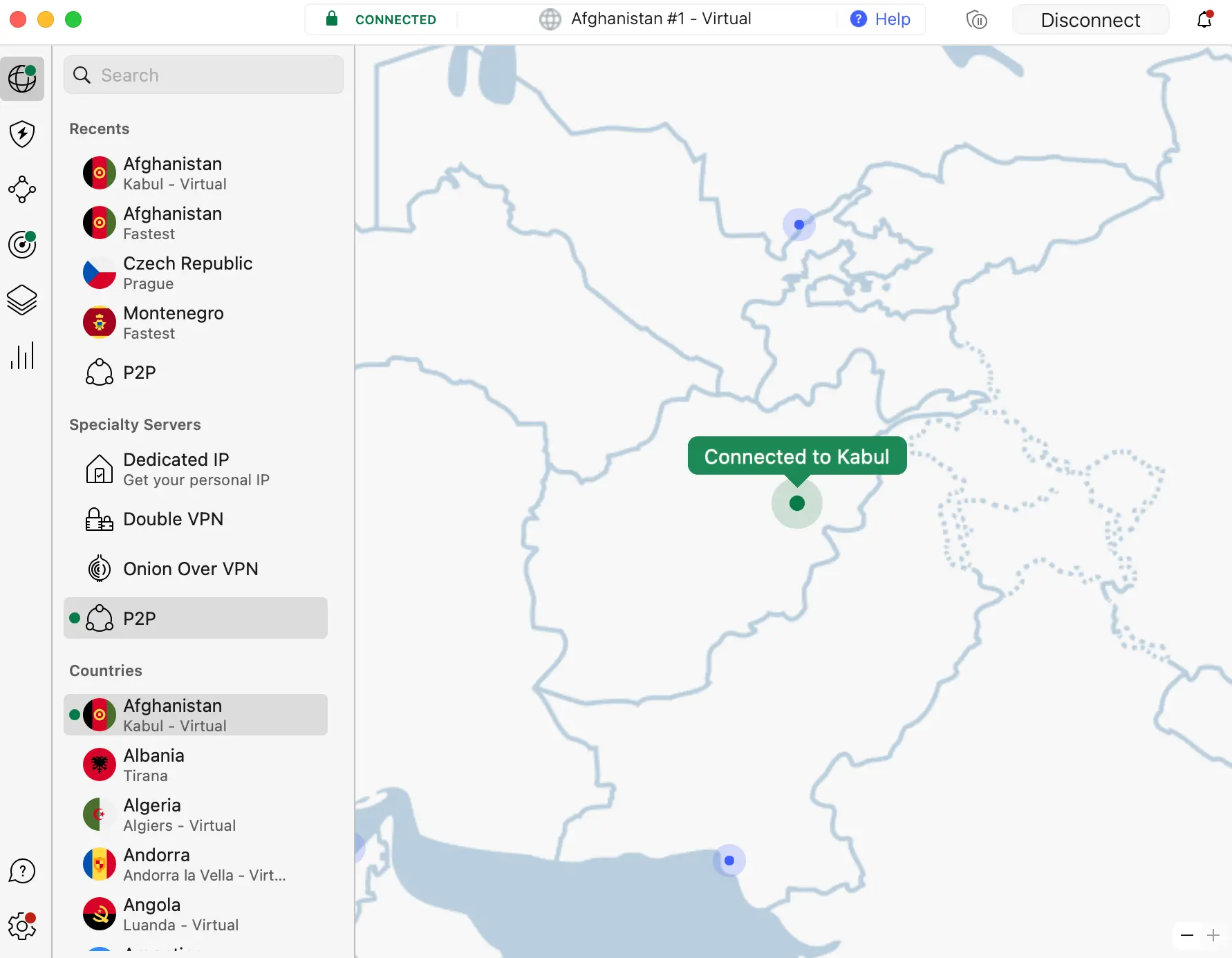 NordVPN connected to a virtual server in Kabul, Afghanistan on macOS, with map view and specialty servers like Double VPN and Onion Over VPN visible.