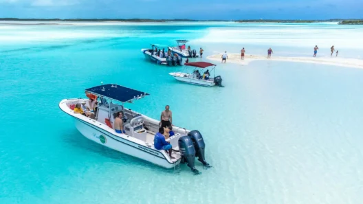 A boat excursion in the Bahamas: People enjoying a sunny day on a stunning sandbar surrounded by crystal-clear sea.