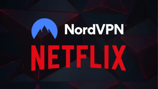 NordVPN and Netflix logos displayed together on a dark geometric background, symbolizing VPN access to Netflix streaming content.