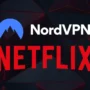 NordVPN and Netflix logos displayed together on a dark geometric background, symbolizing VPN access to Netflix streaming content.