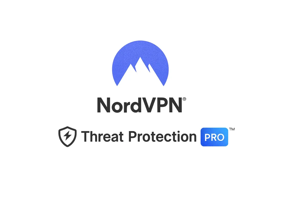 Bright minimalist banner with the NordVPN Threat Protection Pro logo centered on a crisp white background—modern, clean, and designed to catch the eye without any distractions near the edges.