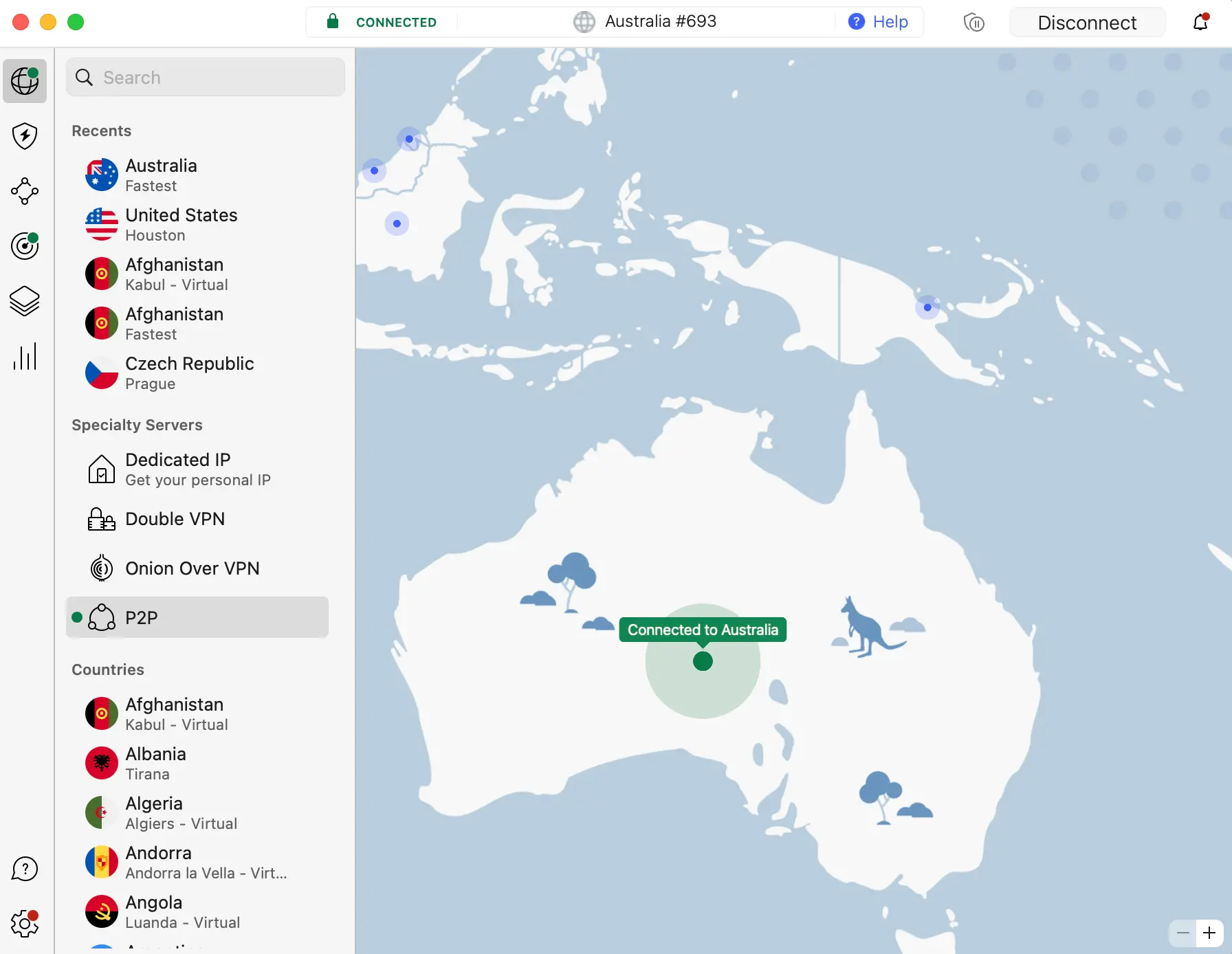 Screenshot of NordVPN app on macOS connected to an Australian server. User interface shows a world map, recent connections, specialty servers, and a list of countries including Australia, USA, Afghanistan, and Czech Republic. Clear example of NordVPN’s simple map-based design and country selection.