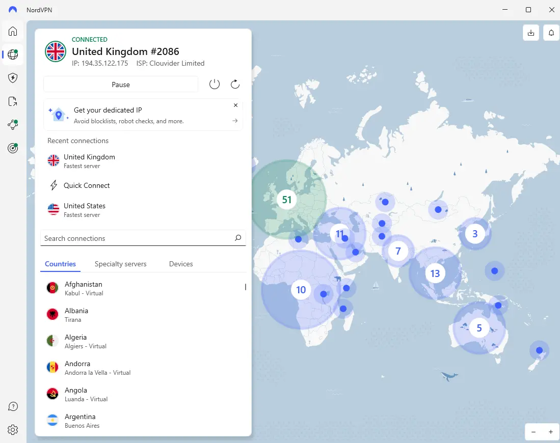 Screenshot of NordVPN app on Windows connected to a United Kingdom server. The app displays a global map with server clusters, current connection info, recent connections, and a country list with locations like Afghanistan, Albania, and Argentina. Demonstrates NordVPN’s intuitive interface and worldwide server coverage.