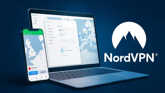 A digital illustration featuring a laptop and a smartphone displaying NordVPN’s interface, set against a dark blue, modern background with abstract world map and glowing security icons. No text present.
