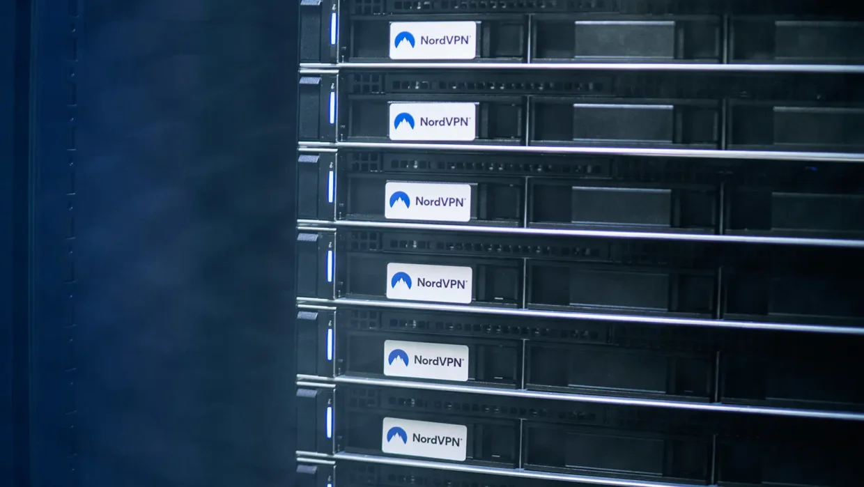 Close-up of NordVPN-branded physical servers in a secure data center, illustrating the company’s private server infrastructure.
