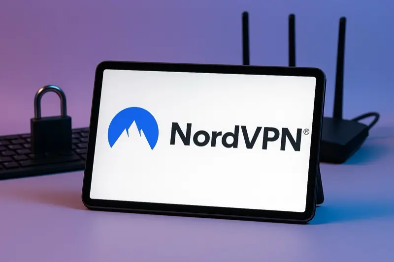 Tablet displaying the NordVPN logo, with a keyboard, padlock, and Wi-Fi router in the background, representing secure VPN internet access and online privacy.