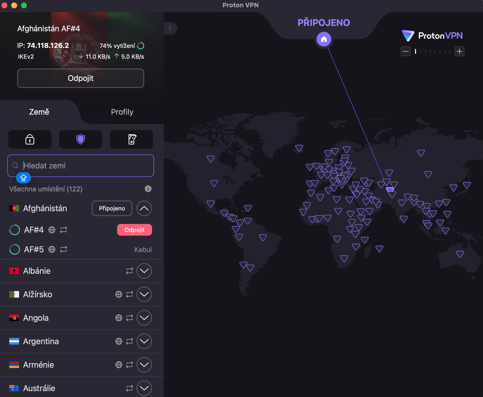 ProtonVPN connected to two servers in Kabul, Afghanistan using IKEv2 protocol, with a global server map and country list displayed on the left panel.