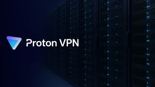 Modern digital illustration featuring the Proton VPN logo on the left and a global server network on a dark blue background. The image is 16:9 with clean edges, ideal for promoting VPN services focused on security and worldwide coverage.