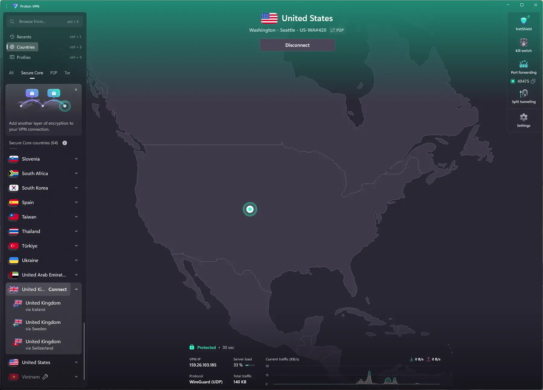 ProtonVPN Windows - ON Secure Core | Venclikovi.com Screenshot of the Proton VPN app showing an active connection to a United States server in Seattle (Washington). The interface highlights Secure Core mode with features like NetShield, Kill Switch, Port Forwarding, and Split Tunneling enabled on the right-hand side.