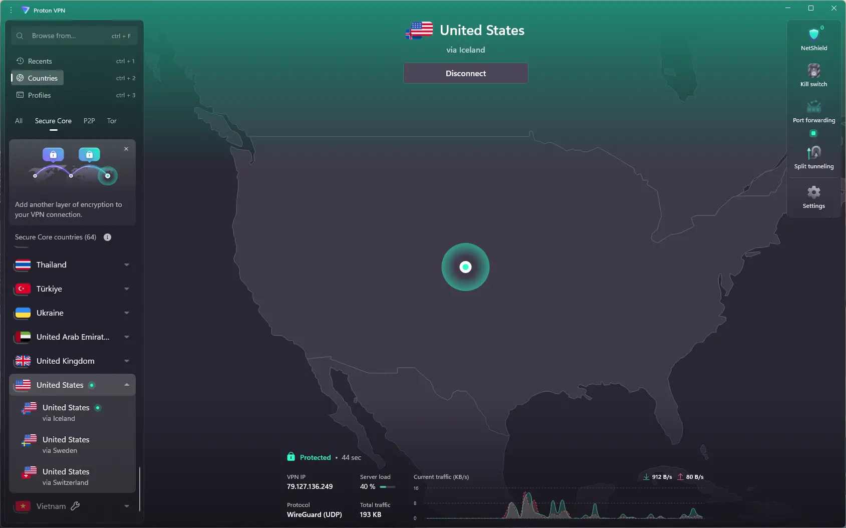 ProtonVPN connect to US - Windows 11 | Venclikovi.com Screenshot of the Proton VPN desktop app showing an active connection to a United States server routed through Iceland. The map highlights the secure connection path, with features like NetShield, Kill Switch, and Split Tunneling visible on the right panel.