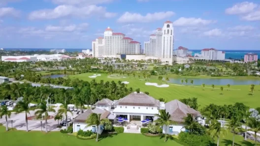 Aerial view of Royal Blue Golf Club with the iconic Baha Mar resort in the background, surrounded by palm trees, water features, and lush greenery in Nassau, The Bahamas.