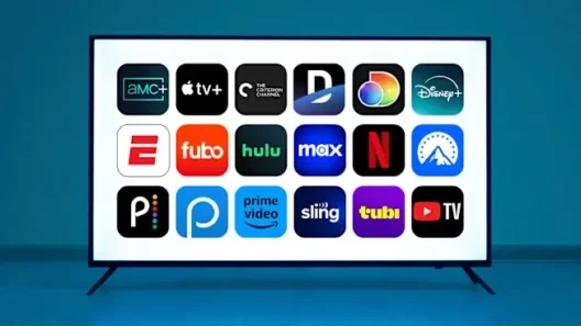 A modern TV screen displaying icons of popular streaming apps including Netflix, Disney+, Hulu, HBO Max, Amazon Prime Video, Apple TV+, Paramount+, YouTube TV, and more, against a blue background.