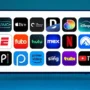 A modern TV screen displaying icons of popular streaming apps including Netflix, Disney+, Hulu, HBO Max, Amazon Prime Video, Apple TV+, Paramount+, YouTube TV, and more, against a blue background.
