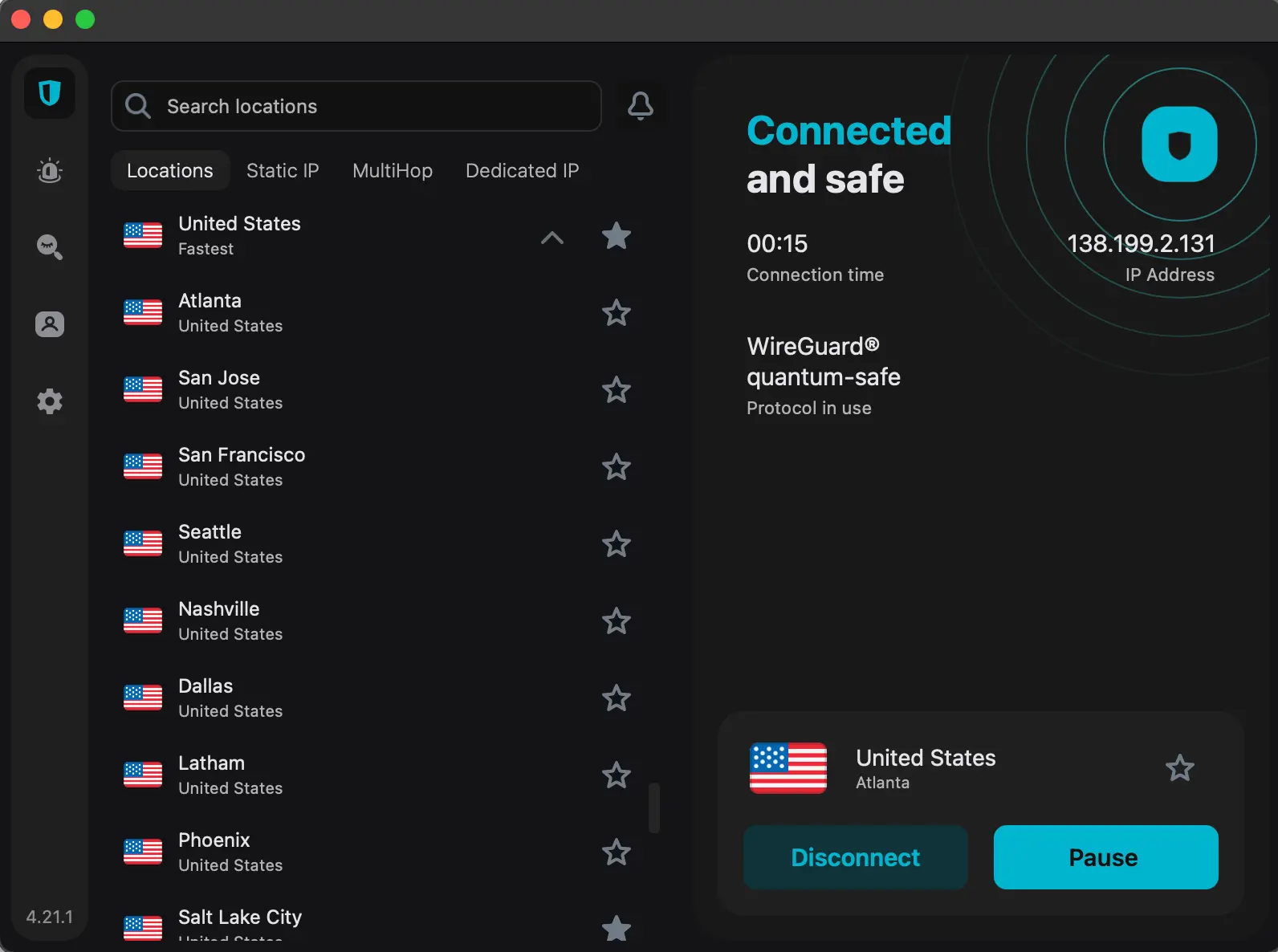A screenshot of a VPN client's dashboard, showing an active and secure connection to a server in Atlanta, United States, using the WireGuard protocol. The interface displays the current IP address (138.199.2.131), connection time, and a searchable list of other US server locations.