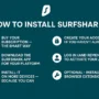 Visual step-by-step guide titled 'How to Install Surfshark' with six installation steps, each paired with a clear icon, on a teal background in Surfshark's brand colors.