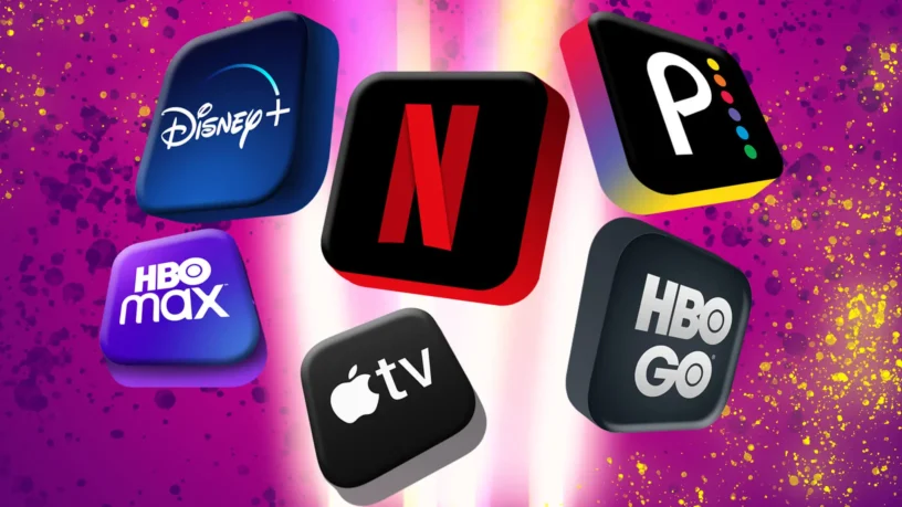 Colorful collage of popular streaming platforms like Netflix, Disney+, HBO Max, Apple TV, and Peacock—perfect visual for an article on the best VPNs for streaming worldwide.