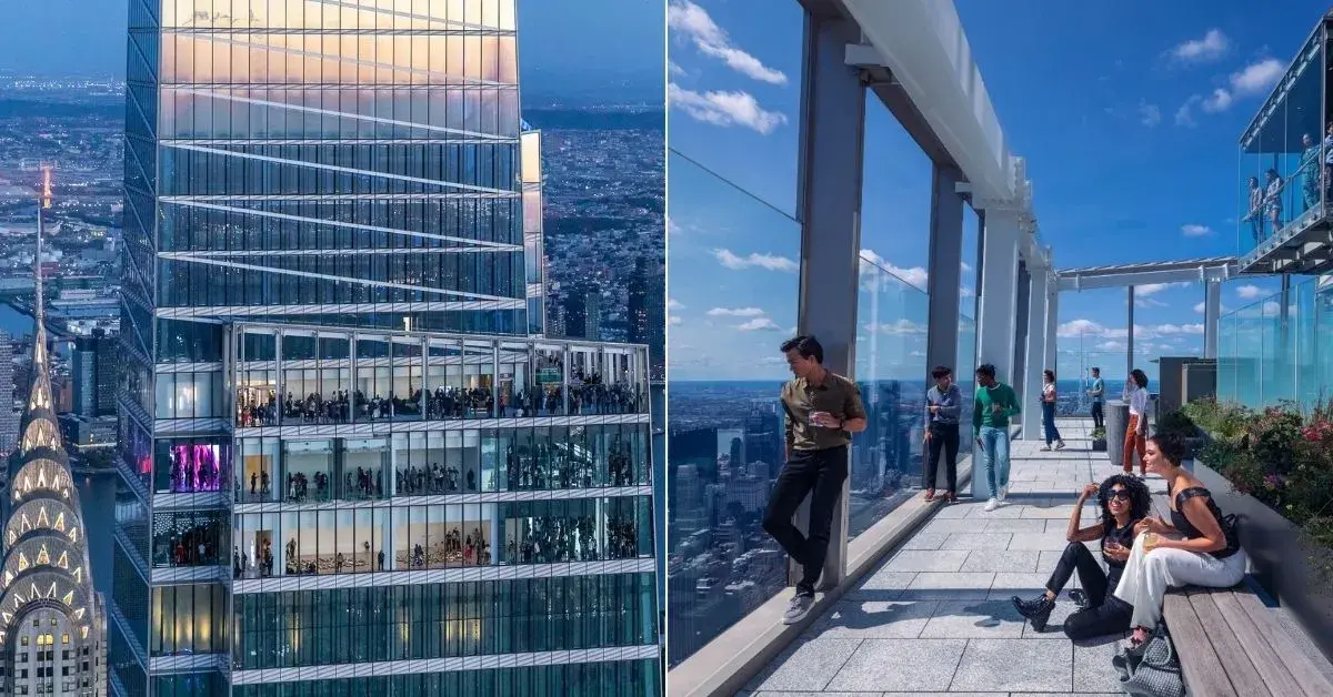 Summit One Vanderbilt observation deck with glass walls and mirrored interiors offering skyline views of New York City.