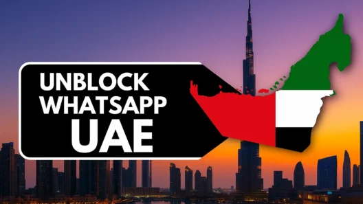 Dubai sunset beach with palm trees, UAE flag-colored map silhouette, bold 'Unblock WhatsApp UAE' headline centered, modern, travel-tech vibe.