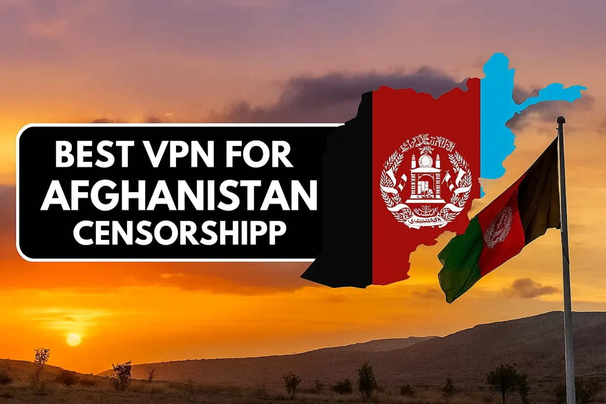 Promotional graphic featuring the text "Best VPN for Afghanistan Censorship" beside a stylized map of Afghanistan in national flag colors, with the Afghan flag waving in the background at sunset.