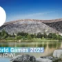 A panoramic view of the Global Center in Chengdu, China, with The World Games 2025 logo and text, surrounded by greenery and a tranquil lake in the foreground.