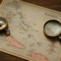 Antique map of the Bahamas with brass compass and magnifying glass on rustic wooden table