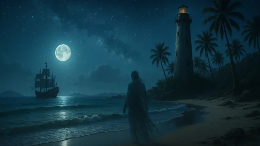 A moonlit Bahamian beach at night, featuring a ghostly figure near the shoreline, a weathered lighthouse surrounded by palm trees, and a mysterious pirate ship anchored in the bay under a star-filled sky.
