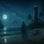 A moonlit Bahamian beach at night, featuring a ghostly figure near the shoreline, a weathered lighthouse surrounded by palm trees, and a mysterious pirate ship anchored in the bay under a star-filled sky.