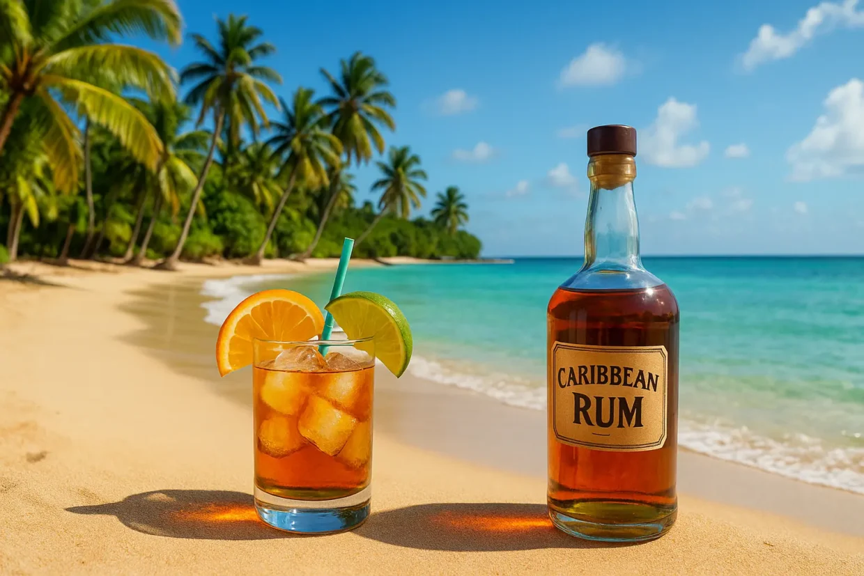 A vibrant tropical beach bar in the Bahamas with bottles of local rum on the counter, colorful cocktails, palm trees swaying in the breeze, and turquoise ocean in the background.
