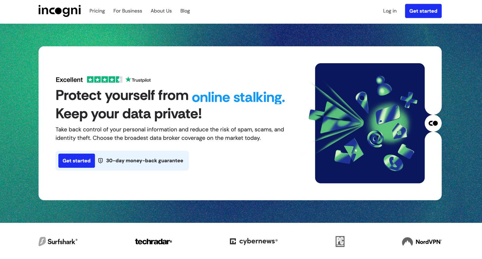 Incogni homepage promoting online privacy protection with Trustpilot rating and call-to-action for 30-day money-back guarantee