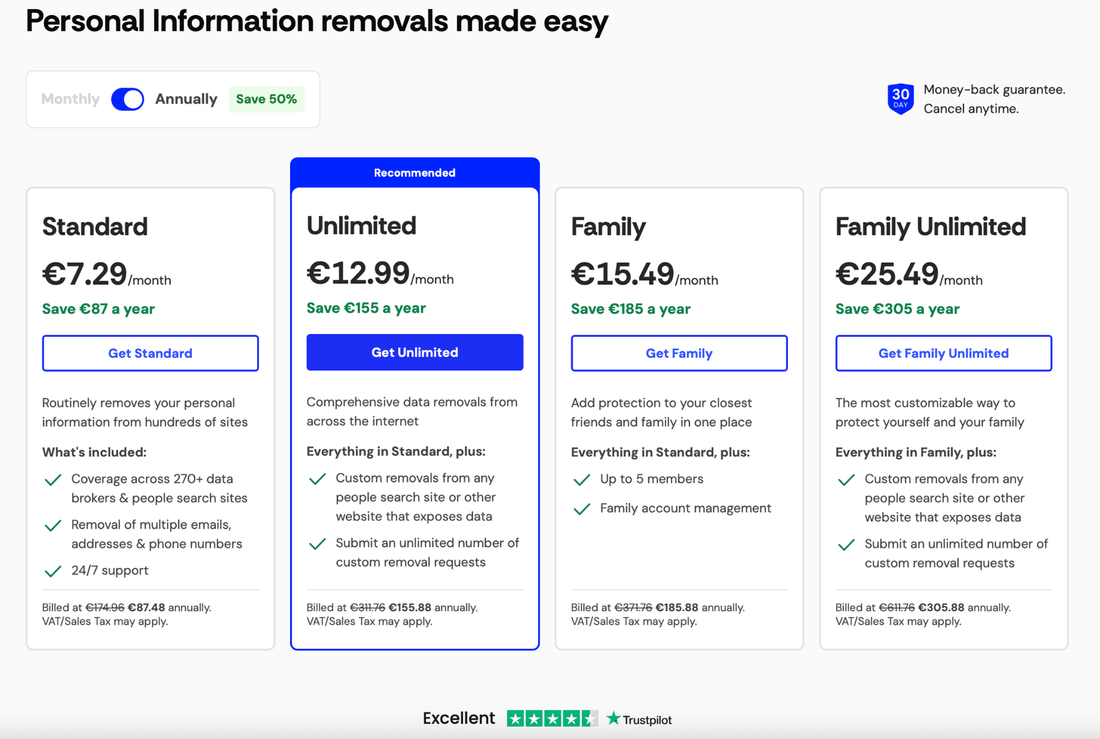 Detailed 2025 pricing overview of Incogni plans including Standard, Unlimited, Family, and Family Unlimited with annual discounts