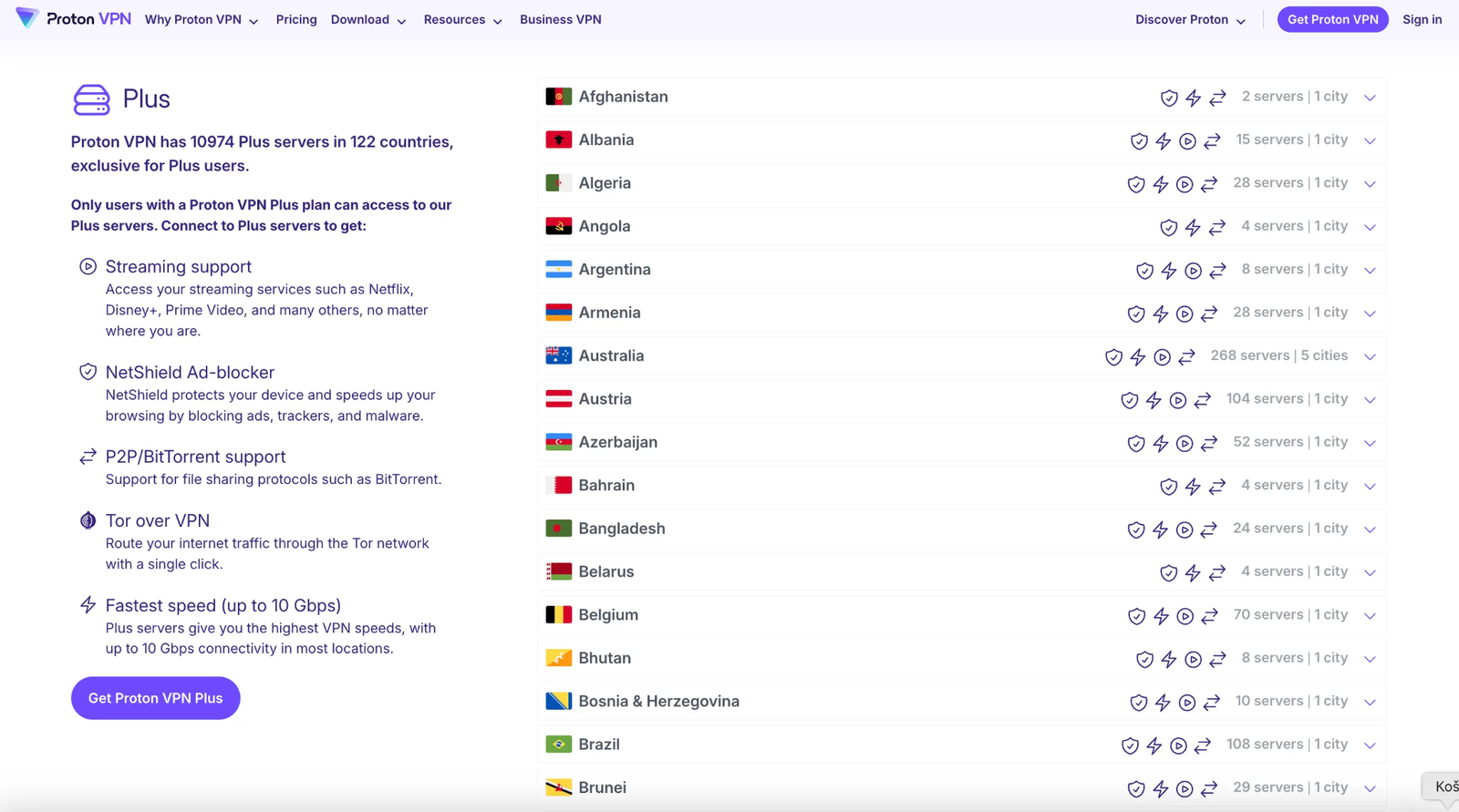 Proton VPN Plus server countries and features like P2P, streaming, NetShield
