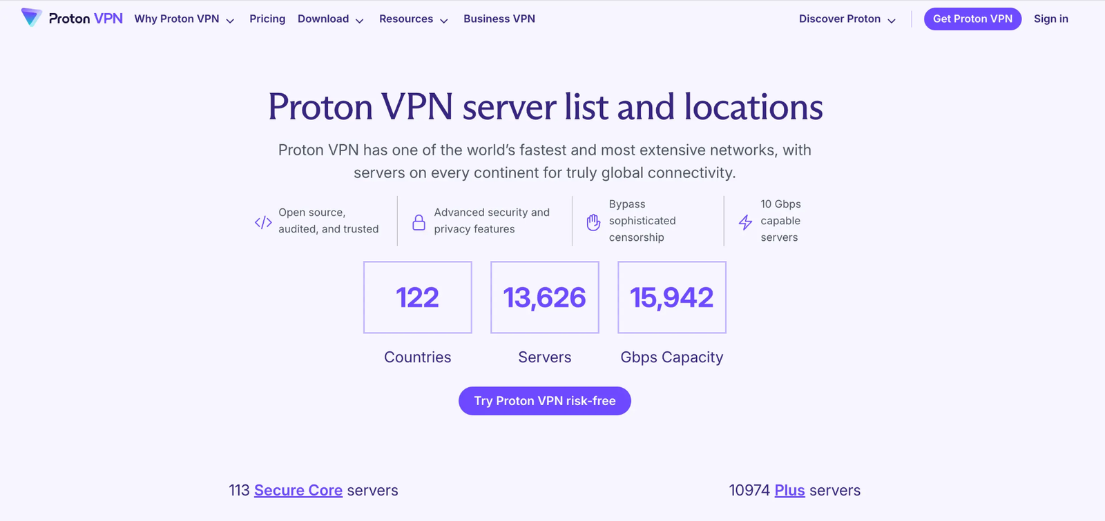 Global server list of Proton VPN with over 13,600 servers in 122 countries