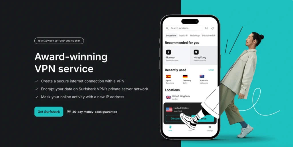 Surfshark award-winning VPN interface with recommended server locations shown on mobile, highlighting secure encrypted connection features.